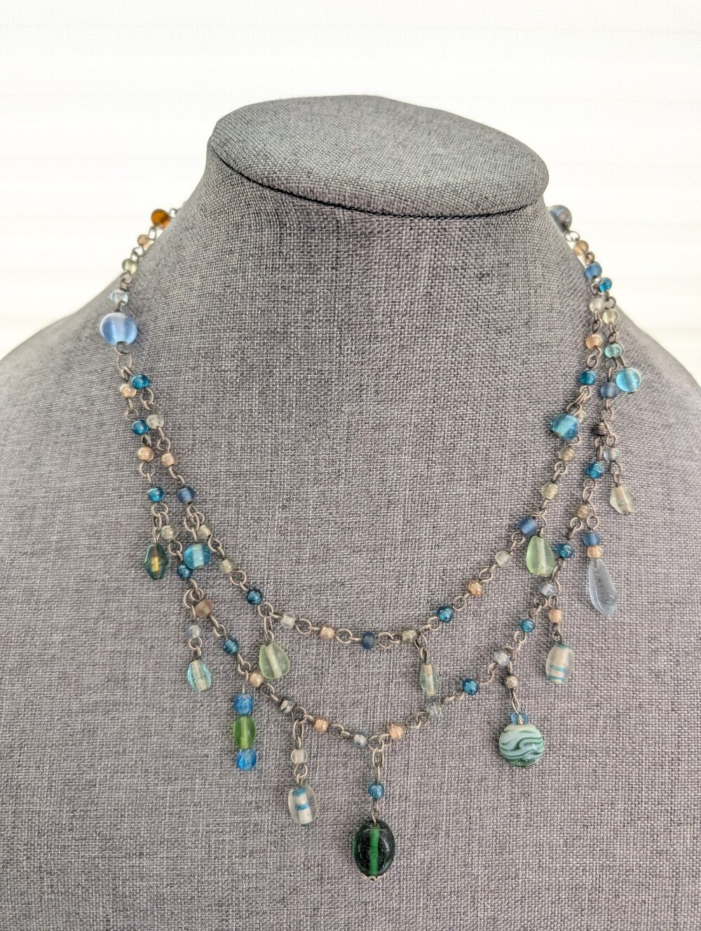 Vintage Double Strand Bohemian Style Glass Bead Dangle Ocean Coastal Necklace